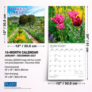 Puede incluir: Un calendario de pared de 16 meses titulado Monet's Garden 2027, con una portada de paisaje de jard&iacute;n y una p&aacute;gina de marzo de 2027 con tulipanes rosas. Dimensiones cerrado 30,5 cm por 30,5 cm, dimensiones abierto 30,5 cm por 61 cm.