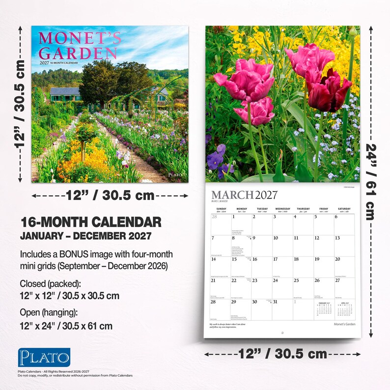 Puede incluir: Un calendario de pared de 16 meses titulado Monet's Garden 2027, con una portada de paisaje de jard&iacute;n y una p&aacute;gina de marzo de 2027 con tulipanes rosas. Dimensiones cerrado 30,5 cm por 30,5 cm, dimensiones abierto 30,5 cm por 61 cm.