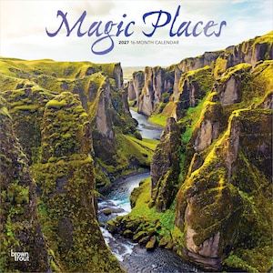 May include: A 2027 16-month calendar titled Magic Places featuring a photograph of a deep canyon with steep, moss-covered rock formations and a winding river flowing through the center. The text Magic Places 2027 16-Month Calendar is printed at the top.