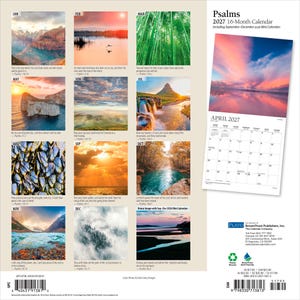 May include: A 2027 Psalms 16-month wall calendar featuring nature photography for each month, including a full-page April 2027 view. The back cover displays monthly images, scripture verses, and company information with a barcode and ISBN text.