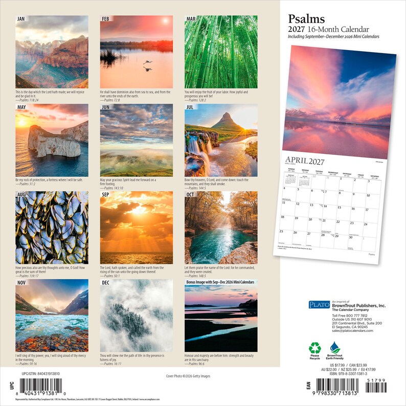 May include: A 2027 Psalms 16-month wall calendar featuring nature photography for each month, including a full-page April 2027 view. The back cover displays monthly images, scripture verses, and company information with a barcode and ISBN text.