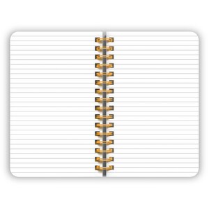 May include: A blank, lined notebook with a gold spiral binding. The notebook is open to a blank page.