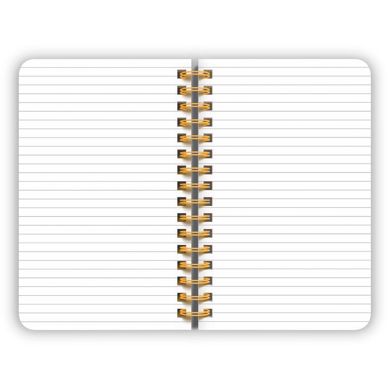 May include: A blank, lined notebook with a gold spiral binding. The notebook is open to a blank page.