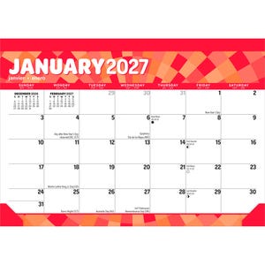 Puede incluir: Un calendario de pared de enero de 2027 con un patr&oacute;n geom&eacute;trico de rayos de sol en rojo y naranja en la parte superior e inferior. La cuadr&iacute;cula muestra fechas, d&iacute;as de la semana y texto para festivos y fases lunares, con mini calendarios adjuntos.