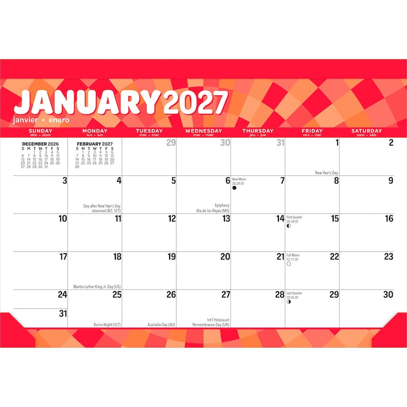 Puede incluir: Un calendario de pared de enero de 2027 con un patr&oacute;n geom&eacute;trico de rayos de sol en rojo y naranja en la parte superior e inferior. La cuadr&iacute;cula muestra fechas, d&iacute;as de la semana y texto para festivos y fases lunares, con mini calendarios adjuntos.