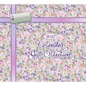 May include: A 2027 calendar gift collection with a light purple background featuring a pattern of green leaves, small white and pink flowers, and dark purple berries. A light green tag with the text TURNOWSKY is attached to a purple ribbon.