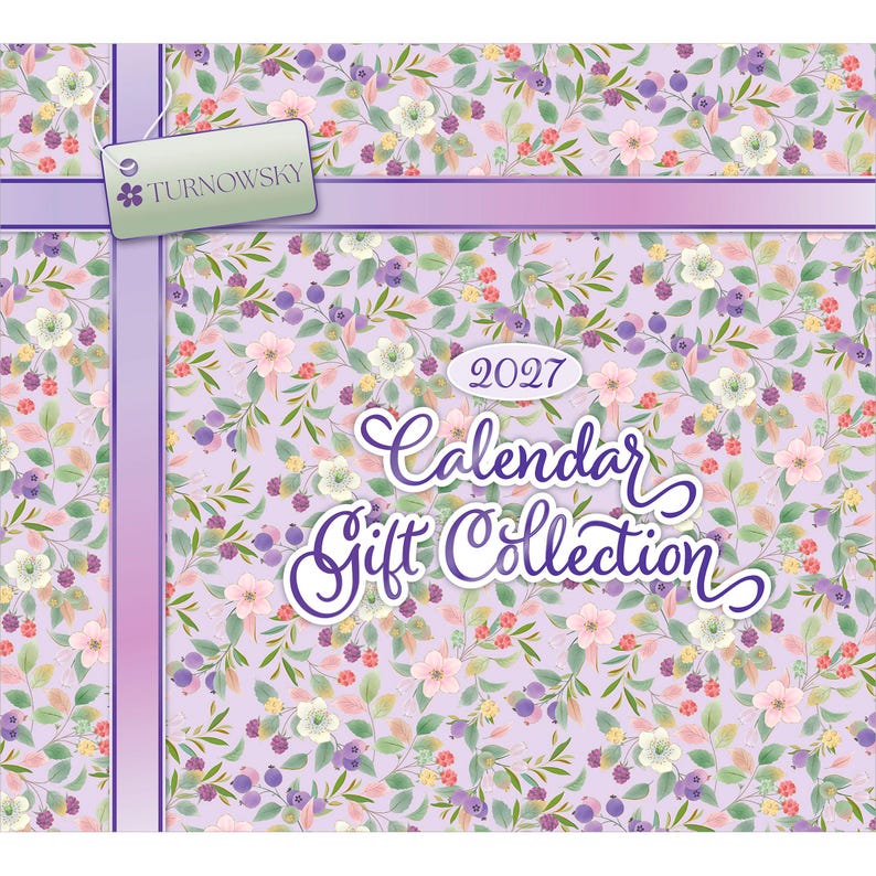 May include: A 2027 calendar gift collection with a light purple background featuring a pattern of green leaves, small white and pink flowers, and dark purple berries. A light green tag with the text TURNOWSKY is attached to a purple ribbon.