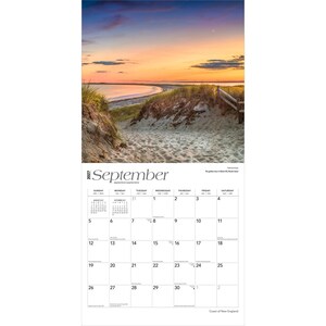 May include: A 2027 wall calendar page for September featuring a photograph of a sandy beach path at sunset with dunes and a wooden fence. The calendar grid displays the month, days of the week, and dates, with text identifying the location as Watch Hill.