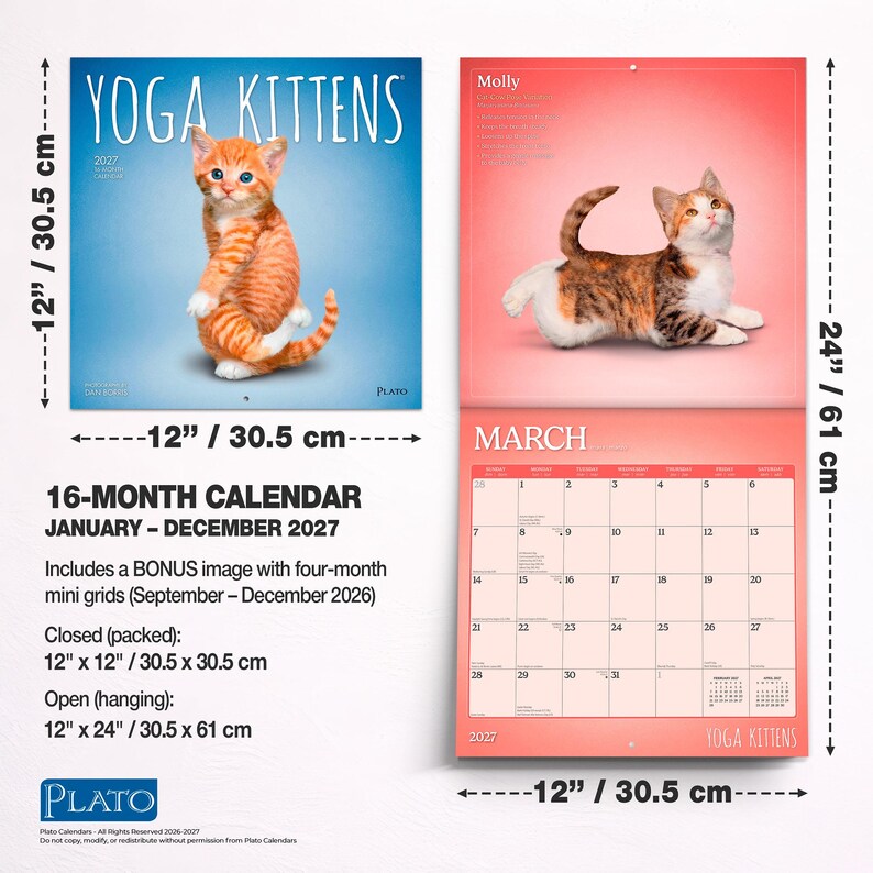 Puede incluir: Un calendario de pared de 16 meses titulado Yoga Kittens para 2027, con un gatito atigrado naranja en la portada y un gatito calic&oacute; en la p&aacute;gina de marzo. El calendario mide 30,5 cm por 30,5 cm cerrado y 30,5 cm por 61 cm abierto.