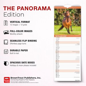 May include: A vertical wall calendar titled THE PANORAMA Edition featuring a brown horse running in a field for September 2027. The calendar includes 12 full-color images, a seamless flip binding, durable paper, and spacious date boxes with holidays.