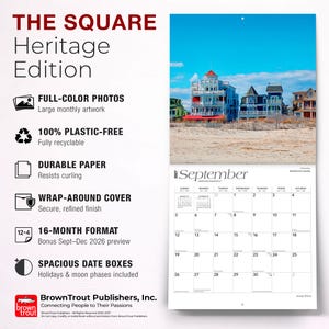May include: A 2027 wall calendar titled The Square Heritage Edition by BrownTrout Publishers. The calendar features a full-colour photograph of coastal houses on a sandy beach and a September 2027 grid with spacious date boxes and moon phases.