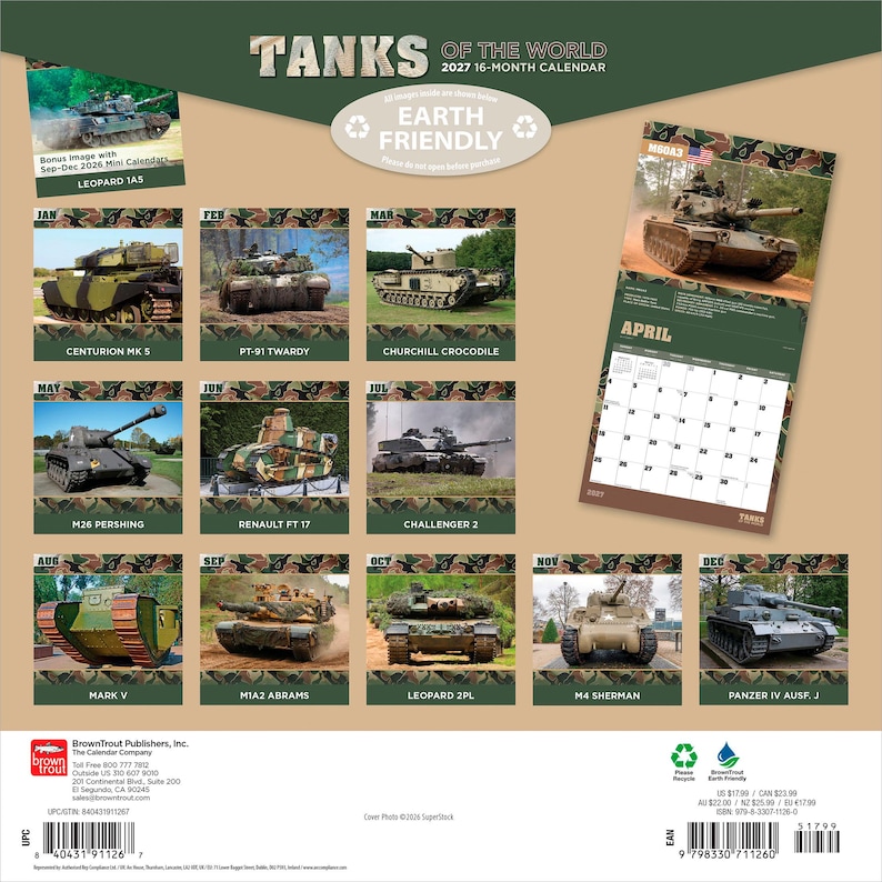 Puede incluir: Un calendario de 16 meses Tanks of the World 2027 que presenta doce modelos de tanques militares distintos, incluidos el Centurion Mk 5, el M26 Pershing y el M4 Sherman. La contraportada muestra una cuadr&iacute;cula de im&aacute;genes mensuales y una p&aacute;gina de abril.