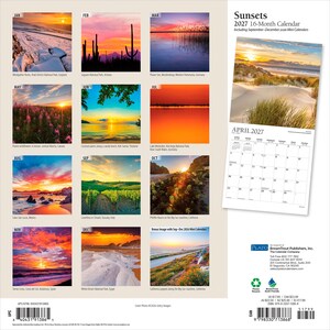 Pu&ograve; includere: Un calendario da parete di 16 mesi per il 2027 intitolato Sunsets, che presenta dodici fotografie quadrate di paesaggi globali al tramonto, tra cui deserti, spiagge e montagne. Il retro mostra una griglia di queste immagini e una pagina di aprile 2027.