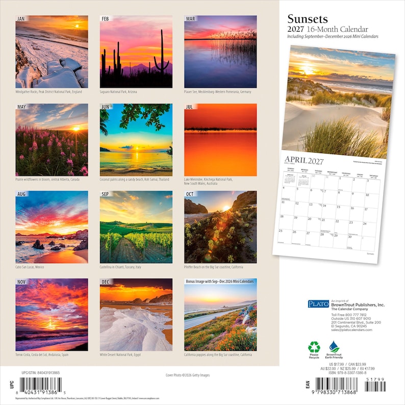 Pu&ograve; includere: Un calendario da parete di 16 mesi per il 2027 intitolato Sunsets, che presenta dodici fotografie quadrate di paesaggi globali al tramonto, tra cui deserti, spiagge e montagne. Il retro mostra una griglia di queste immagini e una pagina di aprile 2027.