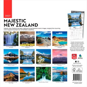May include: A 2027 Majestic New Zealand wall calendar featuring twelve scenic photographs of landscapes including waterfalls, snow-capped mountains, and coastlines. The back cover displays thumbnails of the images, a sample calendar page, and a barcode.