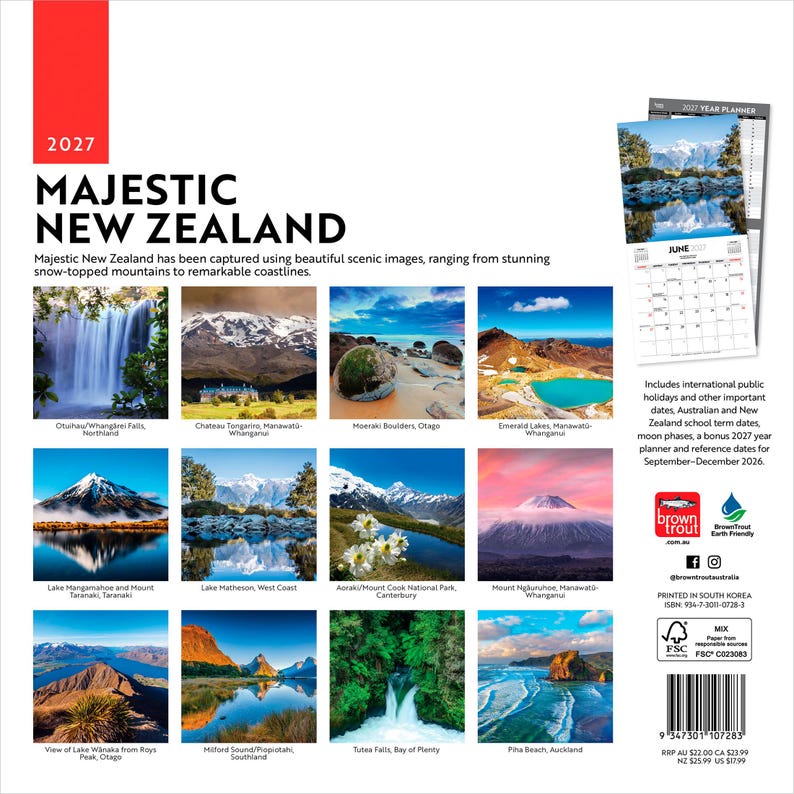 May include: A 2027 Majestic New Zealand wall calendar featuring twelve scenic photographs of landscapes including waterfalls, snow-capped mountains, and coastlines. The back cover displays thumbnails of the images, a sample calendar page, and a barcode.