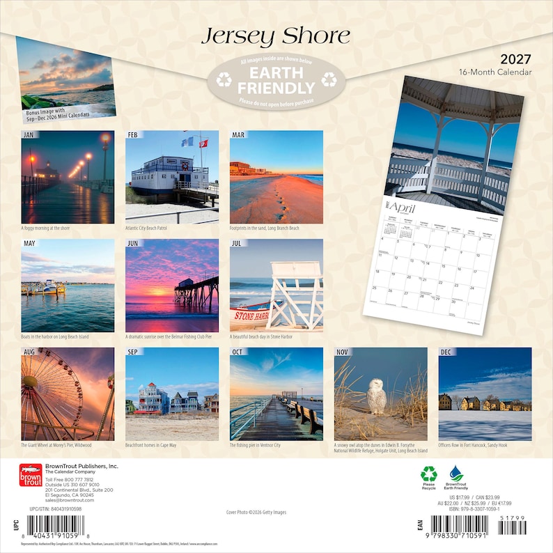 May include: A 2027 16-month wall calendar titled Jersey Shore featuring twelve distinct coastal photographs. The back cover displays a grid of images including a pier, beach houses, a lighthouse, and a snowy owl, with a large view of an April page.