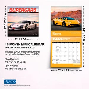 Puede incluir: Un minicalendario de 16 meses para 2027 titulado SUPERCARS, con un coche deportivo blanco en la portada y un Lamborghini Hurac&aacute;n Evo amarillo para marzo. Dimensiones cerrado 17,8 cm x 17,8 cm, dimensiones abierto 17,8 cm x 35,6 cm.