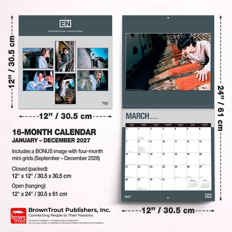 May include: A 16-month ENHYPEN 2027 wall calendar featuring multiple photographs of the group. The calendar measures 12 inches by 12 inches when closed and 12 inches by 24 inches when open. It includes a grid for March 2027 and bonus mini grids.