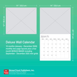 Peut inclure: Un calendrier mural de luxe, de 35,6 cm de large et 61 cm de long, avec une page de calendrier de mars. Le calendrier comprend 16 mois de janvier 2026 &agrave; d&eacute;cembre 2026, avec des mini-grilles bonus de septembre-d&eacute;cembre 2025.