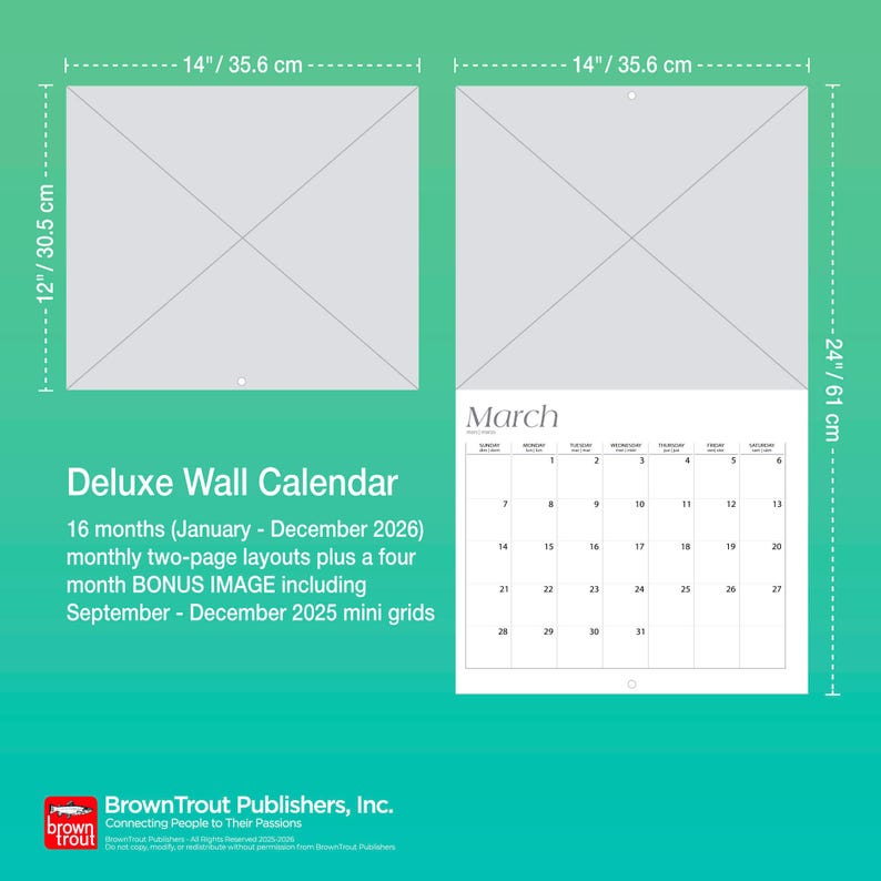 Peut inclure: Un calendrier mural de luxe, de 35,6 cm de large et 61 cm de long, avec une page de calendrier de mars. Le calendrier comprend 16 mois de janvier 2026 &agrave; d&eacute;cembre 2026, avec des mini-grilles bonus de septembre-d&eacute;cembre 2025.