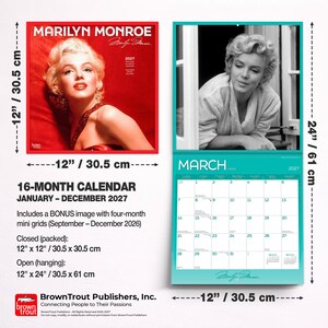 May include: A 16-month Marilyn Monroe wall calendar for 2027. The cover features a red-toned portrait of Marilyn Monroe. The open calendar displays a black and white photo of her and a March 2027 grid. Dimensions are 12 inches by 12 inches closed.