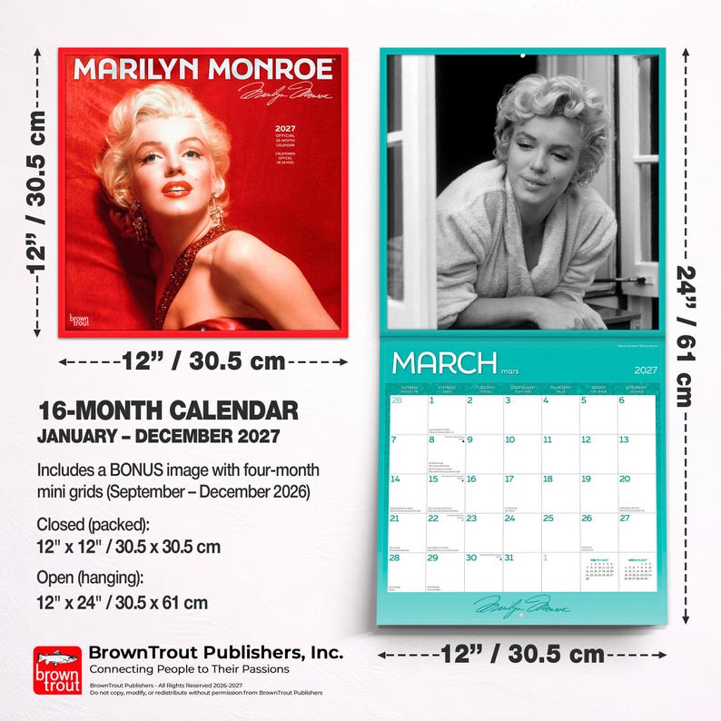 May include: A 16-month Marilyn Monroe wall calendar for 2027. The cover features a red-toned portrait of Marilyn Monroe. The open calendar displays a black and white photo of her and a March 2027 grid. Dimensions are 12 inches by 12 inches closed.