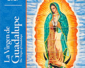 Op de afbeelding: Een 16-maandenkalender voor 2027 getiteld La Virgen de Guadalupe. De omslag heeft een blauw zijpaneel met witte tekst en een grote, centrale illustratie van de Maagd van Guadalupe in een groene mantel en gouden gewaad tegen een zonnestraal.