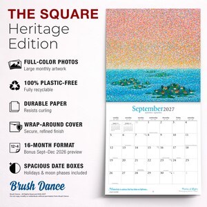 K&ouml;nnte beinhalten: Ein 16-Monats-Wandkalender mit dem Titel The Square Heritage Edition von Brush Dance. Er zeigt ein pointillistisches Gem&auml;lde von Inseln in einem blauen Meer unter einem pfirsichfarbenen Himmel. Die Seite f&uuml;r September 2027 zeigt ein Datumsraster.