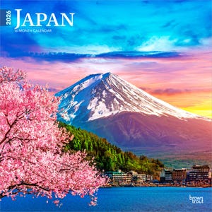 Japan | 2026 12 x 24 Inch (Hanging) Monthly Square Wall Calendar | Plastic-Free | BrownTrout | Scenic Asia Cherry Blossoms Tokyo Kyoto