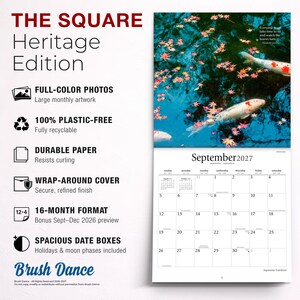May include: A wall calendar titled The Square Heritage Edition featuring a photograph of koi fish swimming in blue water with fallen red maple leaves. The calendar displays the month of September 2027 with a grid of dates, holidays, and moon phases.