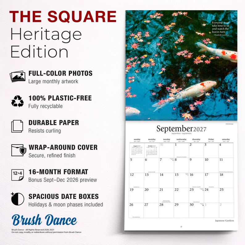 May include: A wall calendar titled The Square Heritage Edition featuring a photograph of koi fish swimming in blue water with fallen red maple leaves. The calendar displays the month of September 2027 with a grid of dates, holidays, and moon phases.
