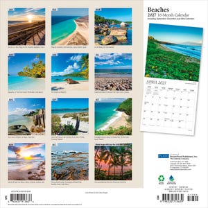 May include: A 2027 16-month wall calendar titled Beaches, featuring twelve monthly grid pages and a cover image of a coastal landscape. The back cover displays small thumbnail photographs of various global beach scenes for each month.