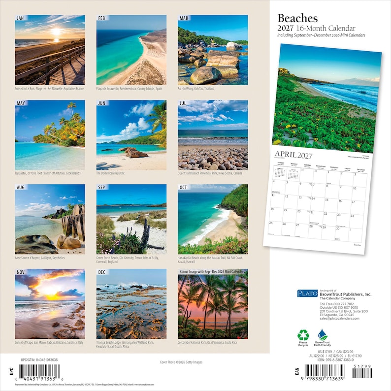 May include: A 2027 16-month wall calendar titled Beaches, featuring twelve monthly grid pages and a cover image of a coastal landscape. The back cover displays small thumbnail photographs of various global beach scenes for each month.