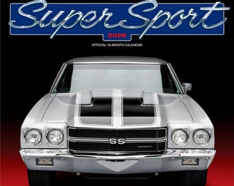 Calendario de pared mensual cuadrado de 12 x 24 pulgadas (para colgar) de Chevy Super Sport OFICIAL 2026 / Sin plástico / BrownTrout / Chevrolet Motor Car