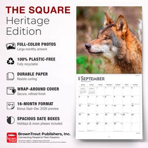 May include: A 2027 wall calendar titled The Square Heritage Edition featuring a wolf photograph for September. It highlights features like full-color photos, plastic-free materials, durable paper, a wrap-around cover, a 16-month format, and spacious date boxes.