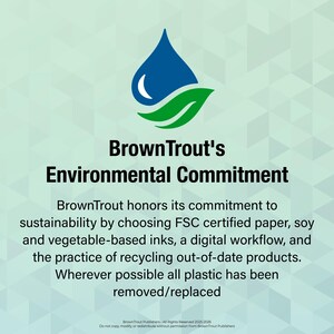 May include: Image with the text "BrownTrout's Environmental Commitment". The image includes a blue water droplet with a green leaf, and text describing the company's sustainability practices, including FSC-certified paper and recycling.