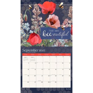 May include: A wall calendar for September 2021 featuring a dark blue background with a honeycomb pattern. The top section displays red and pink poppies, blue flowers, and bees. A blue rectangular box contains the white text, You are bee-autiful.