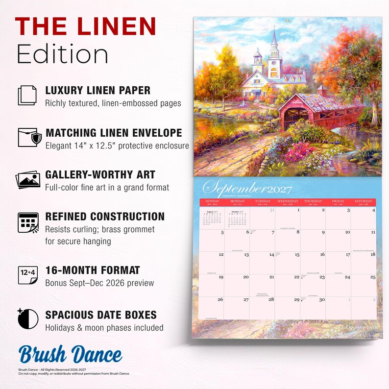 May include: A 16-month wall calendar titled THE LINEN Edition, featuring a colourful landscape painting of a church and covered bridge. The calendar includes a 35.56 cm by 31.75 cm linen envelope, textured linen-embossed pages, and a brass grommet.