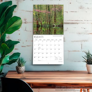 May include: A wall calendar for March 2027 featuring a photograph of a forest with pink flowering trees reflected in a body of water. The calendar grid displays the days of the month with the text March 2027 clearly printed at the top of the page.