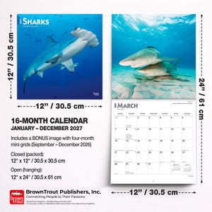 Puede incluir: Un calendario de pared de 16 meses para 2027 con fotograf&iacute;as de tiburones. Las dimensiones cerrado son 30,5 cm por 30,5 cm y abierto 30,5 cm por 61 cm. El calendario incluye una cuadr&iacute;cula para marzo de 2027 y una mini cuadr&iacute;cula adicional.
