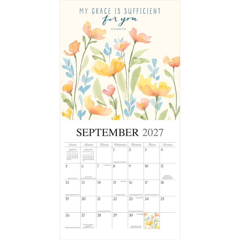K&ouml;nnte beinhalten: Ein Wandkalender f&uuml;r September 2027 mit einer Aquarellillustration von gelben, orangen und blauen Blumen. Der Text lautet "MY GRACE IS SUFFICIENT for you" und "2 Corinthians 12:9" &uuml;ber einem Kalenderblatt mit den Tagen des Monats.