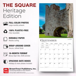 May include: A 2027 wall calendar titled THE SQUARE Heritage Edition featuring a full-color photograph of a stone castle archway for September. The calendar includes a 16-month format, durable paper, plastic-free materials, and spacious date boxes.