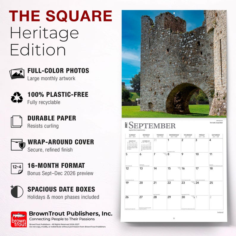 May include: A 2027 wall calendar titled THE SQUARE Heritage Edition featuring a full-color photograph of a stone castle archway for September. The calendar includes a 16-month format, durable paper, plastic-free materials, and spacious date boxes.