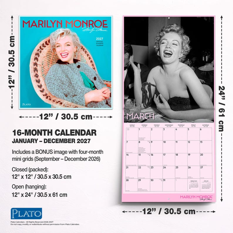 K&ouml;nnte beinhalten: Ein 16-monatiger Marilyn Monroe Wandkalender f&uuml;r 2027, mit einem Cover, das ein Portr&auml;t von Marilyn Monroe in einem Korbsessel zeigt, und einer offenen Seite mit einem Schwarz-Wei&szlig;-Foto f&uuml;r M&auml;rz 2027. Die Ma&szlig;e betragen 30,5 cm mal 30,5 cm.