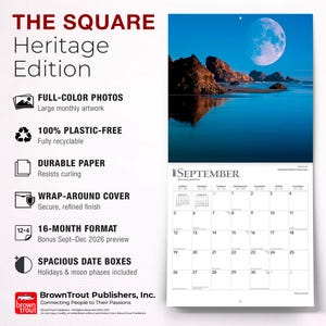 May include: A 2027 wall calendar titled The Square Heritage Edition featuring a full-color photograph of a moonlit coastal landscape. The calendar includes a 16-month format, spacious date boxes with holidays and moon phases, and durable paper.