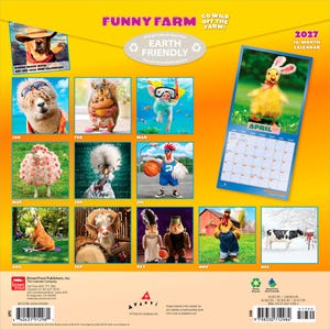 K&ouml;nnte beinhalten: Ein 16-Monats-Kalender 2027 mit dem Titel "Funny Farm" mit Bildern von Tieren in Kost&uuml;men. Der Kalender enth&auml;lt ein Bonusbild und ist umweltfreundlich. Die April-Seite zeigt ein K&uuml;ken mit Hasenohren.