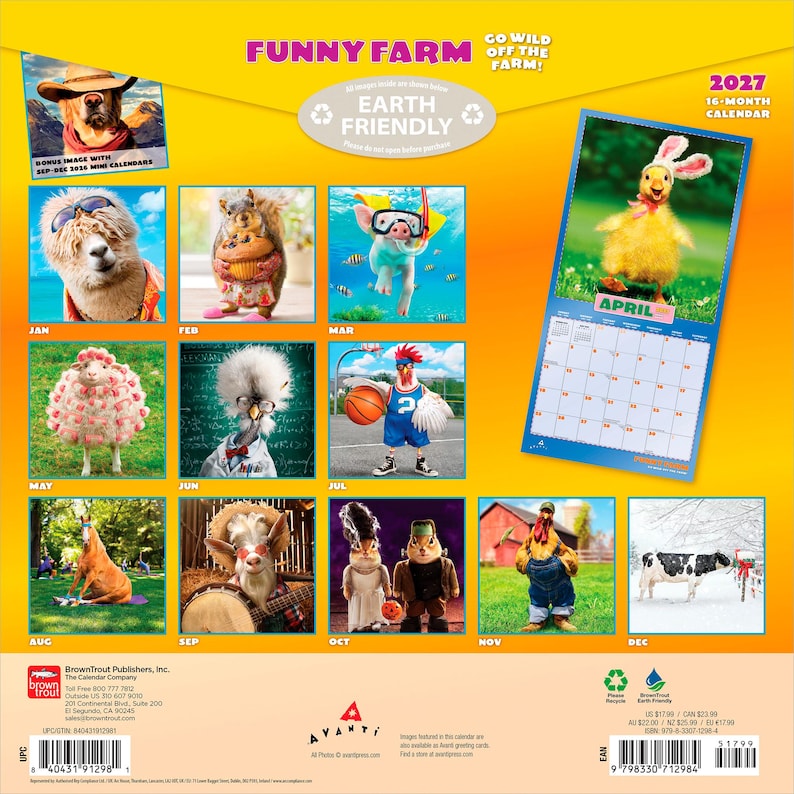 K&ouml;nnte beinhalten: Ein 16-Monats-Kalender 2027 mit dem Titel "Funny Farm" mit Bildern von Tieren in Kost&uuml;men. Der Kalender enth&auml;lt ein Bonusbild und ist umweltfreundlich. Die April-Seite zeigt ein K&uuml;ken mit Hasenohren.