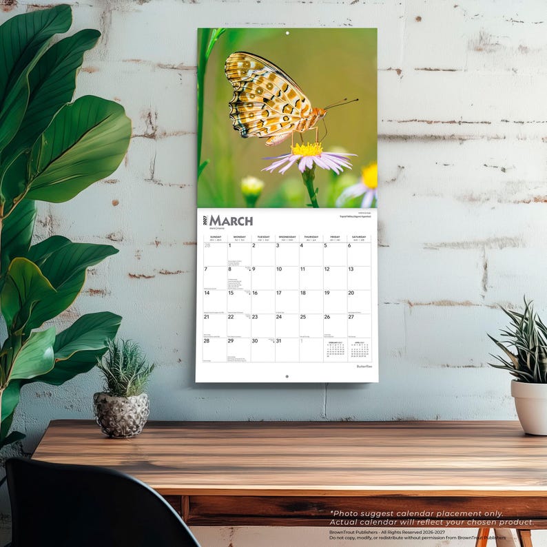 Puede incluir: Un calendario de pared para marzo de 2023 con una fotograf&iacute;a de una mariposa marr&oacute;n y naranja posada sobre una flor morada. La cuadr&iacute;cula del calendario muestra los d&iacute;as del mes con texto negro sobre fondo blanco, incluyendo peque&ntilde;os calendarios para febrero y abril.