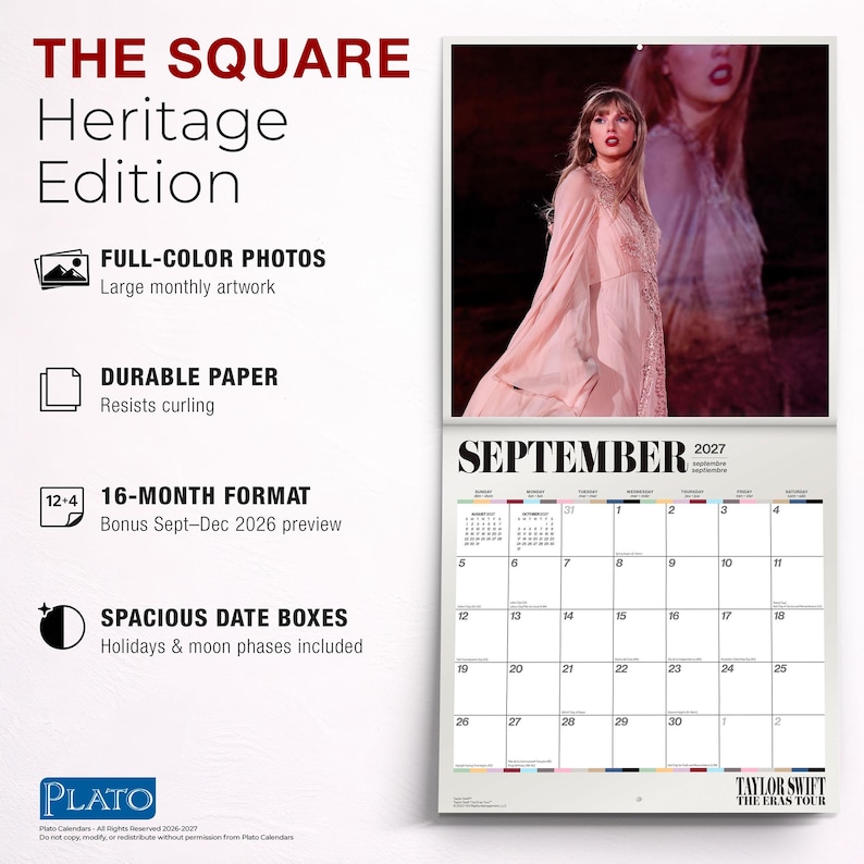 以下が含まれることがあります： Taylor Swift The Eras Tourを特集した2027年版壁掛けカレンダー「The Square Heritage Edition」。9月のページには、ピンクのドレスを着た人物の大きな写真、日付ボックス付きのグリッド、月の満ち欠け、16ヶ月フォーマットが記載されています。